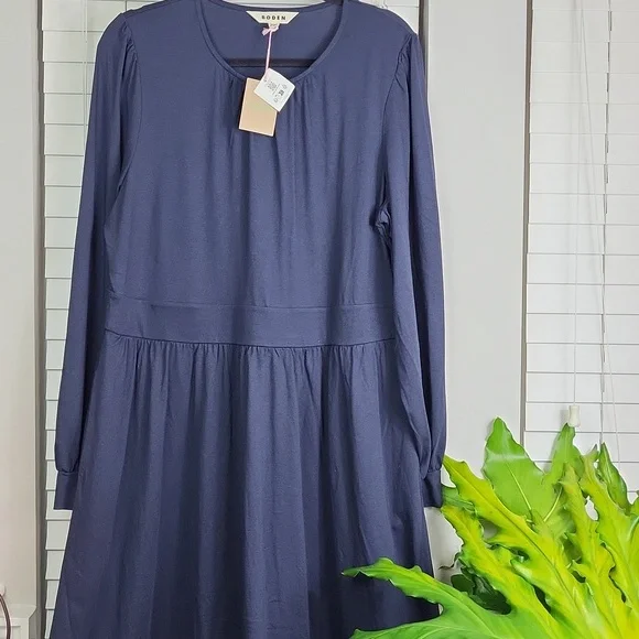 boden navy blue dress Amber Pleat Jersey Midi Dress-Navy, Meadow Scatter